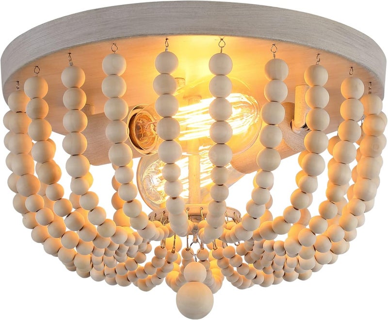 QS Boho Chandelier Wood Beaded Flush Mount Ceiling Light Fixtures for Nursery Baby Bedroom Kitchen Hallway,Oak White Finish,2-Lights - Image 2